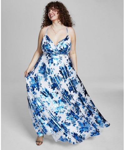 Trendy Plus Size Foil-Print Gown Ivory/Blue $37.88 Dresses