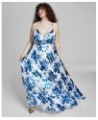 Trendy Plus Size Foil-Print Gown Ivory/Blue $37.88 Dresses