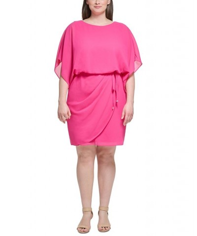 Plus Size Solid Boat-Neck Blouson Dress Pink $57.12 Dresses