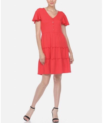 Women's Short Sleeve V-Neck Tiered Dress Red $28.16 Dresses