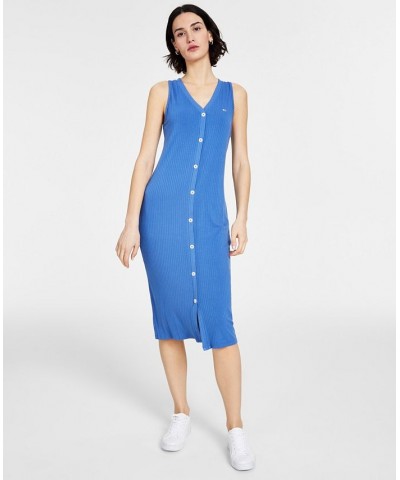 Women's Button-Trimmed Ribbed Midi Dress Blue $36.34 Dresses