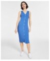 Women's Button-Trimmed Ribbed Midi Dress Blue $36.34 Dresses